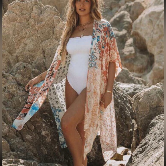 Cardigan kimono print cream multicolor swimsuit cover up beach summer - Picture 1 of 3